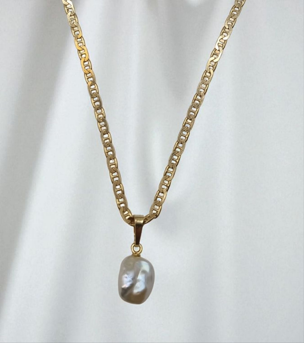 Necklace bar chain with genuine Keshi pearl pendant in 925 sterling silver gold-plated 42cm