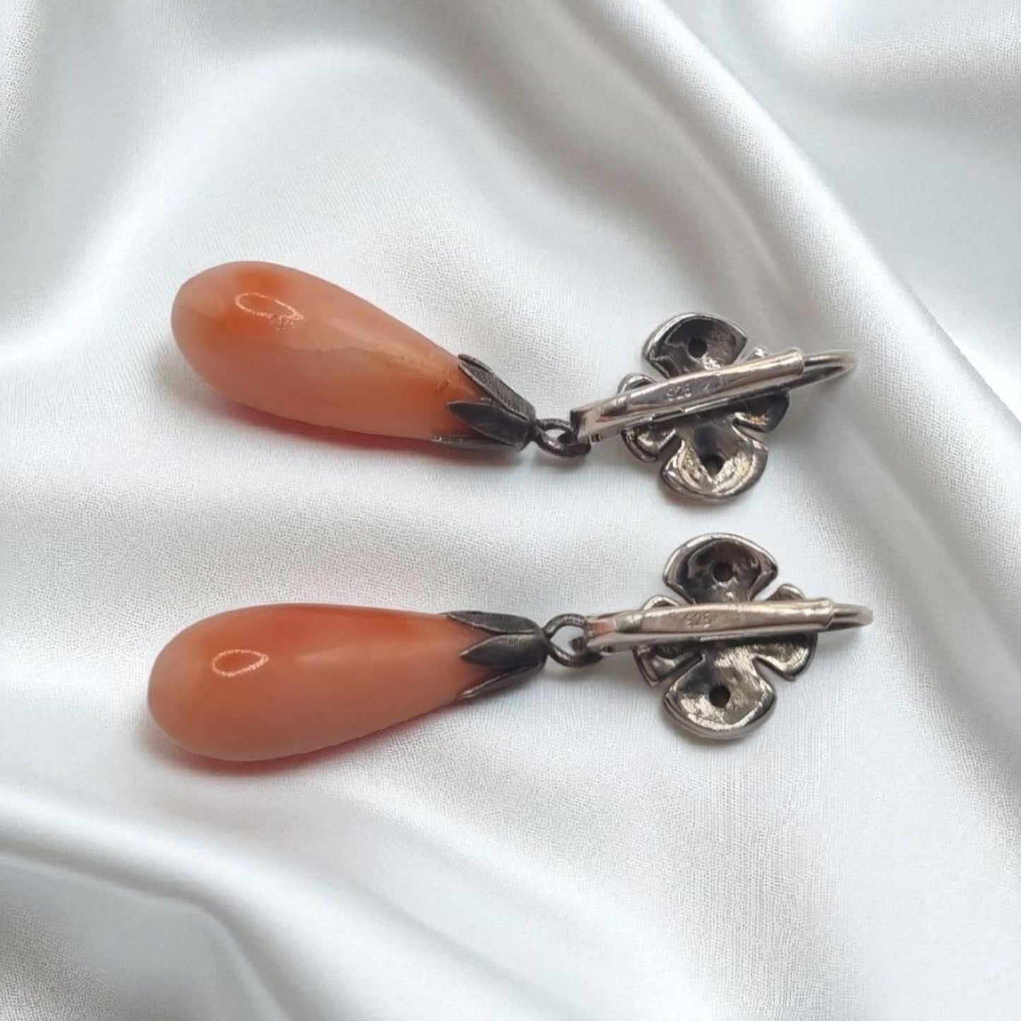 Echte Markasit Ohrringe mit echten Korallen Pampeln in 925 Sterling Silber