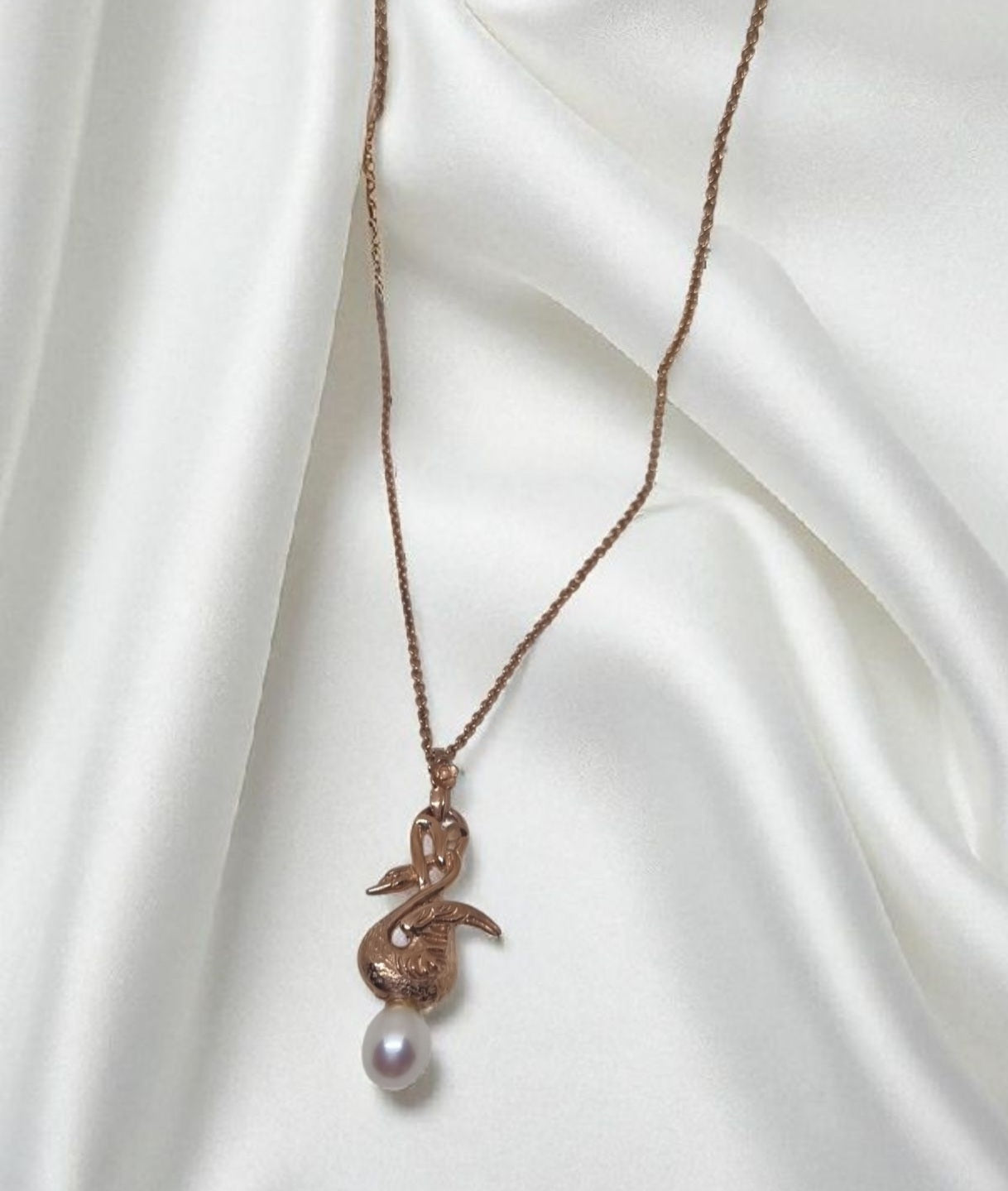 Art Nouveau style pendant swan bird with real freshwater pearl in 925 Sterling silver rose gold plated with chain