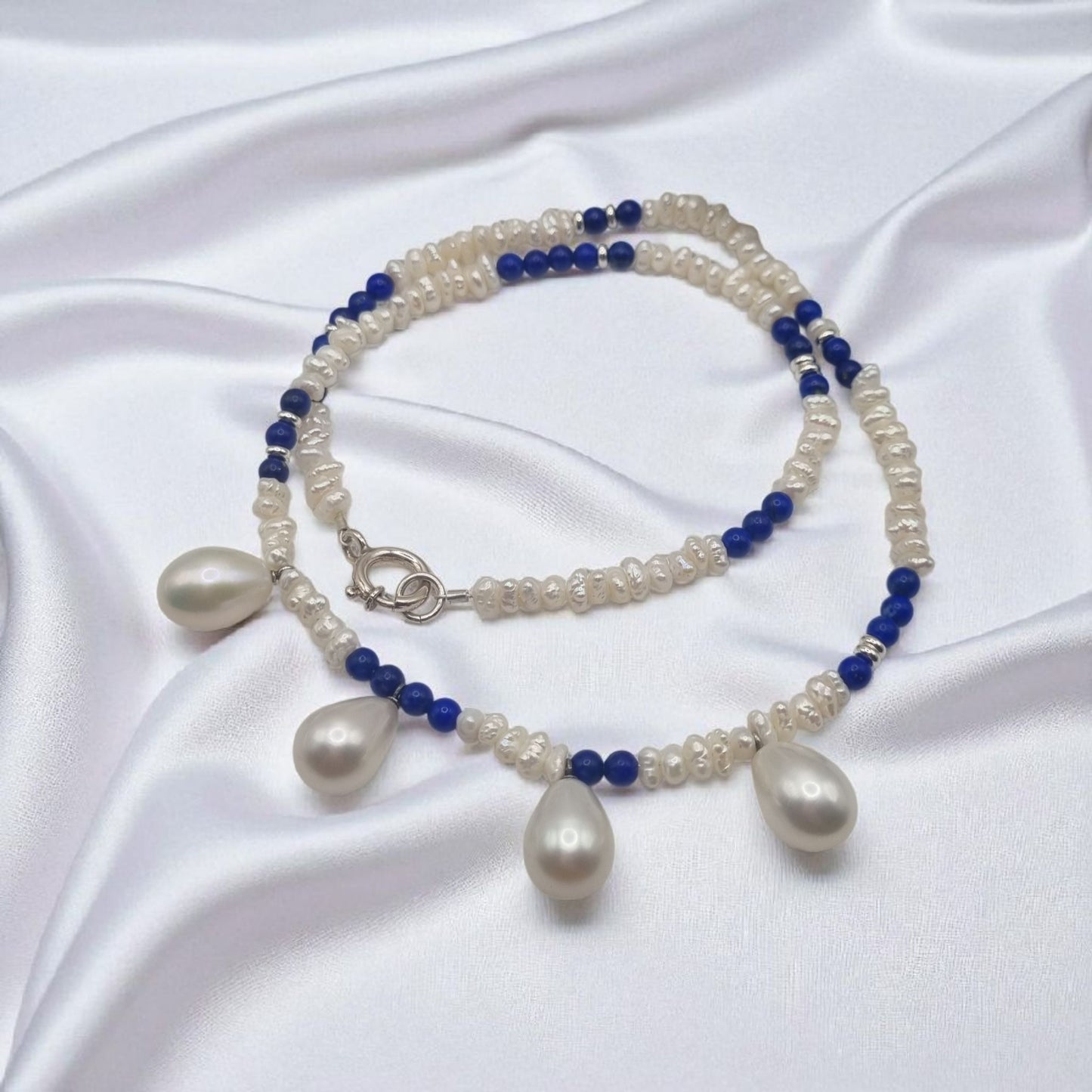 Halskette echte Süßwasserperlen Biwa und Tropfen und echter Lapis Lazuli in 925 Sterling Silber