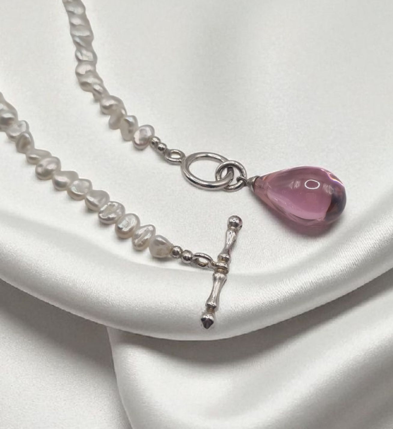 Freshwater pearl necklace Keshi with large pink glass drop / pompom / briolet and toggle clasp in 925 Sterling silver