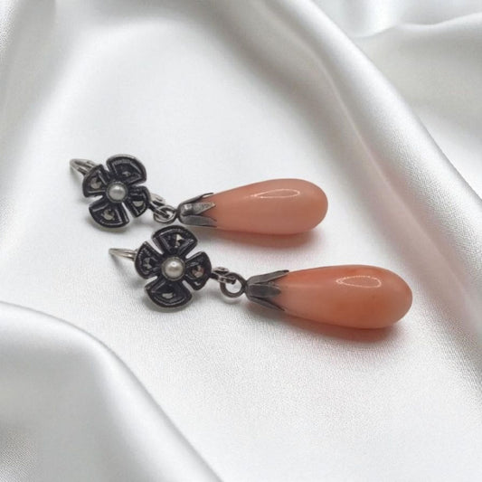 Echte Markasit Ohrringe mit echten Korallen Pampeln in 925 Sterling Silber