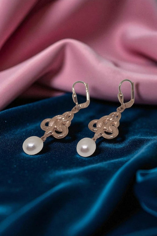 Schlangen Ohrringe mit echter Süßwasserperle in 925 Sterling Silber rotvergoldet