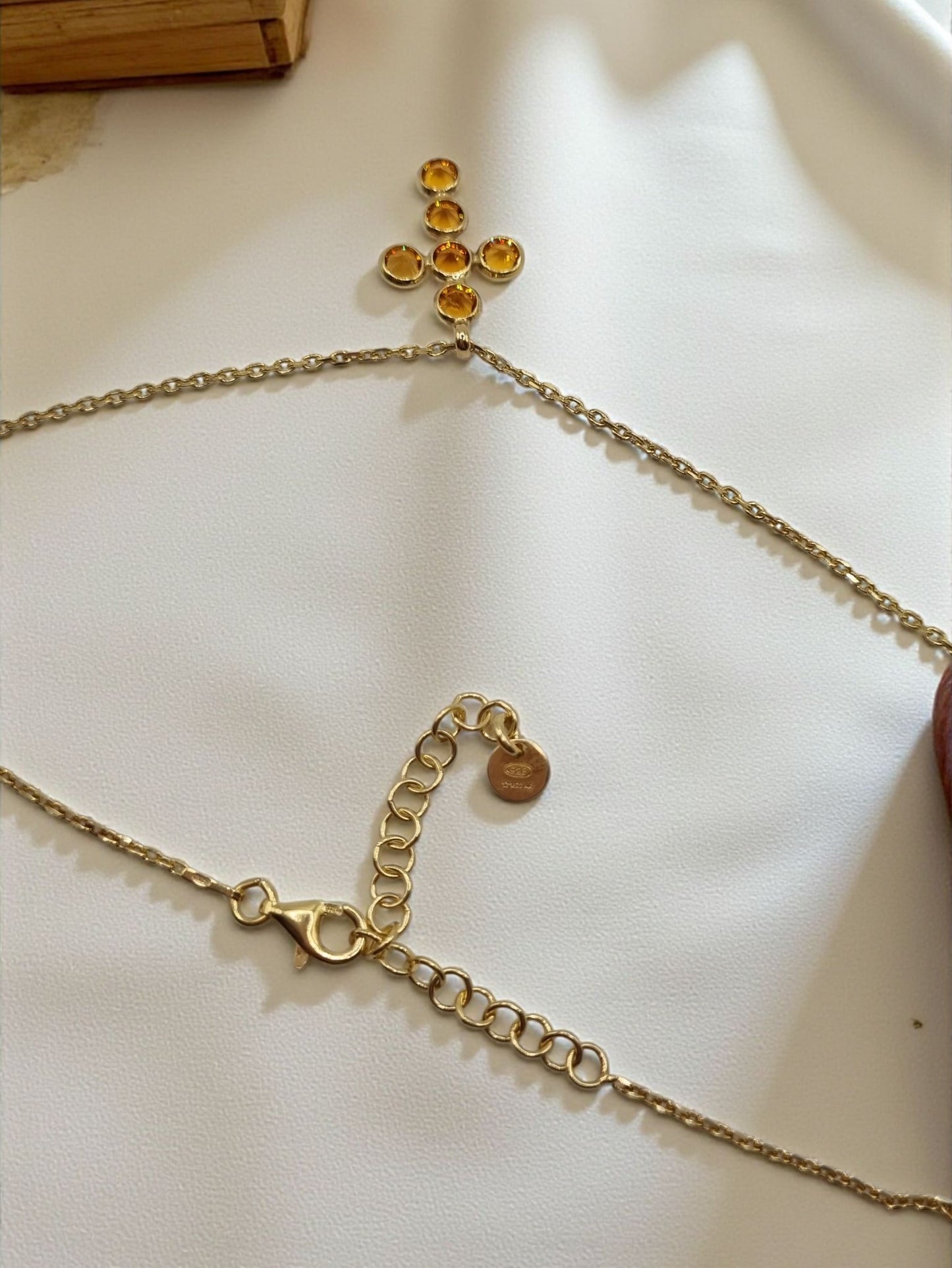 Kreuz runde Zirkonia orange in 925 Sterling Silber vergoldet mit Kette