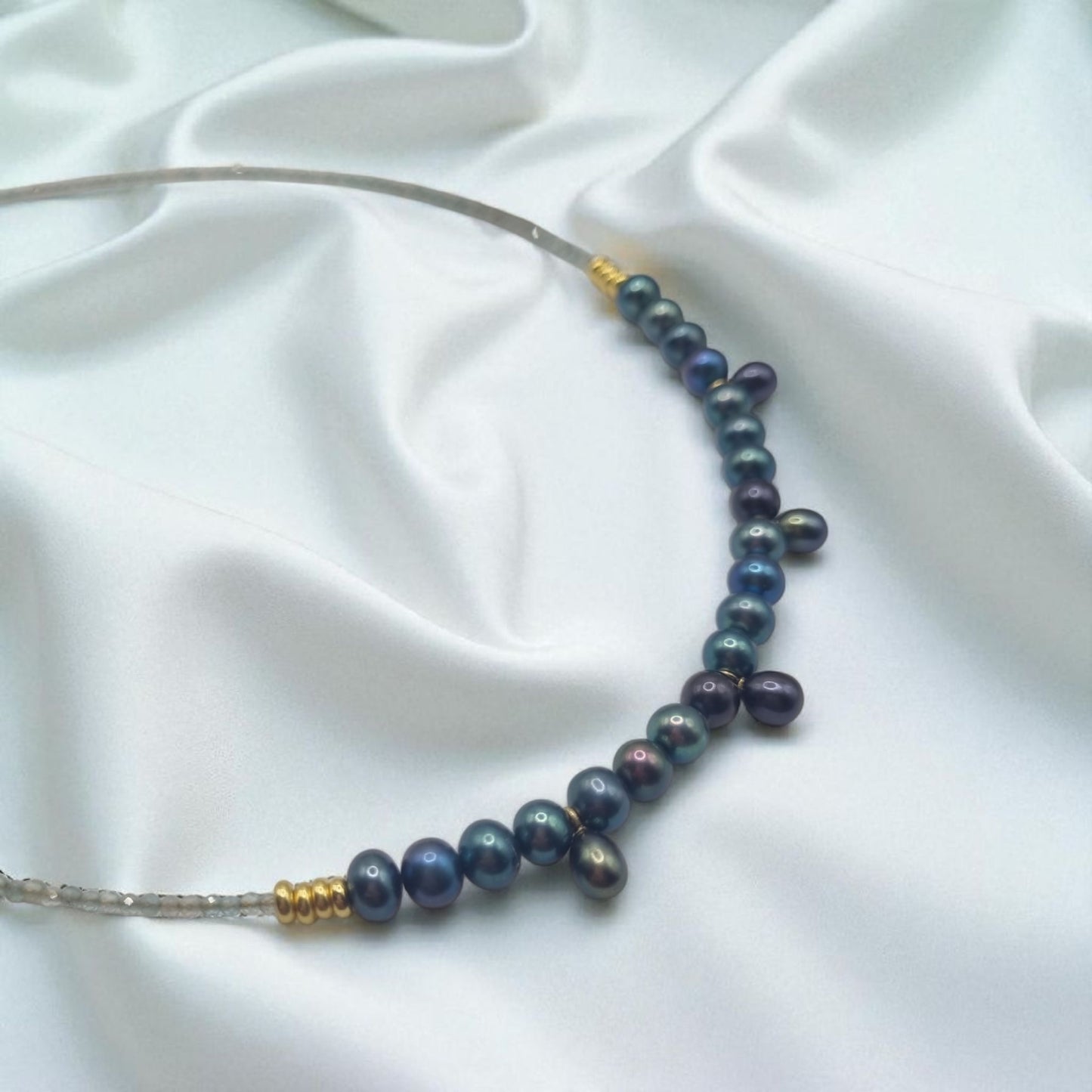 Necklace with genuine freshwater pearls and agate rondelles blue 925 Sterling silver gold-plated