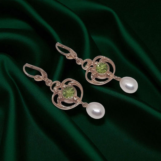 Jugendstil Art Ohrringe mit echtem Peridot in 925 Sterling Silber rotvergoldet