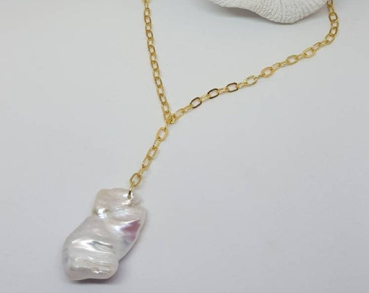 Necklace huge freshwater pearl white baroque Biwa deformed in 925 Sterling silver gold-plated