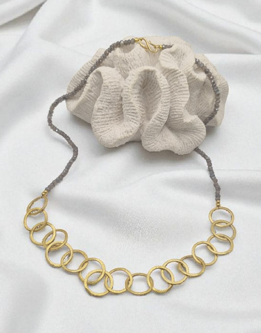 Labradorite necklace long chain with 925 sterling silver gold-plated circles