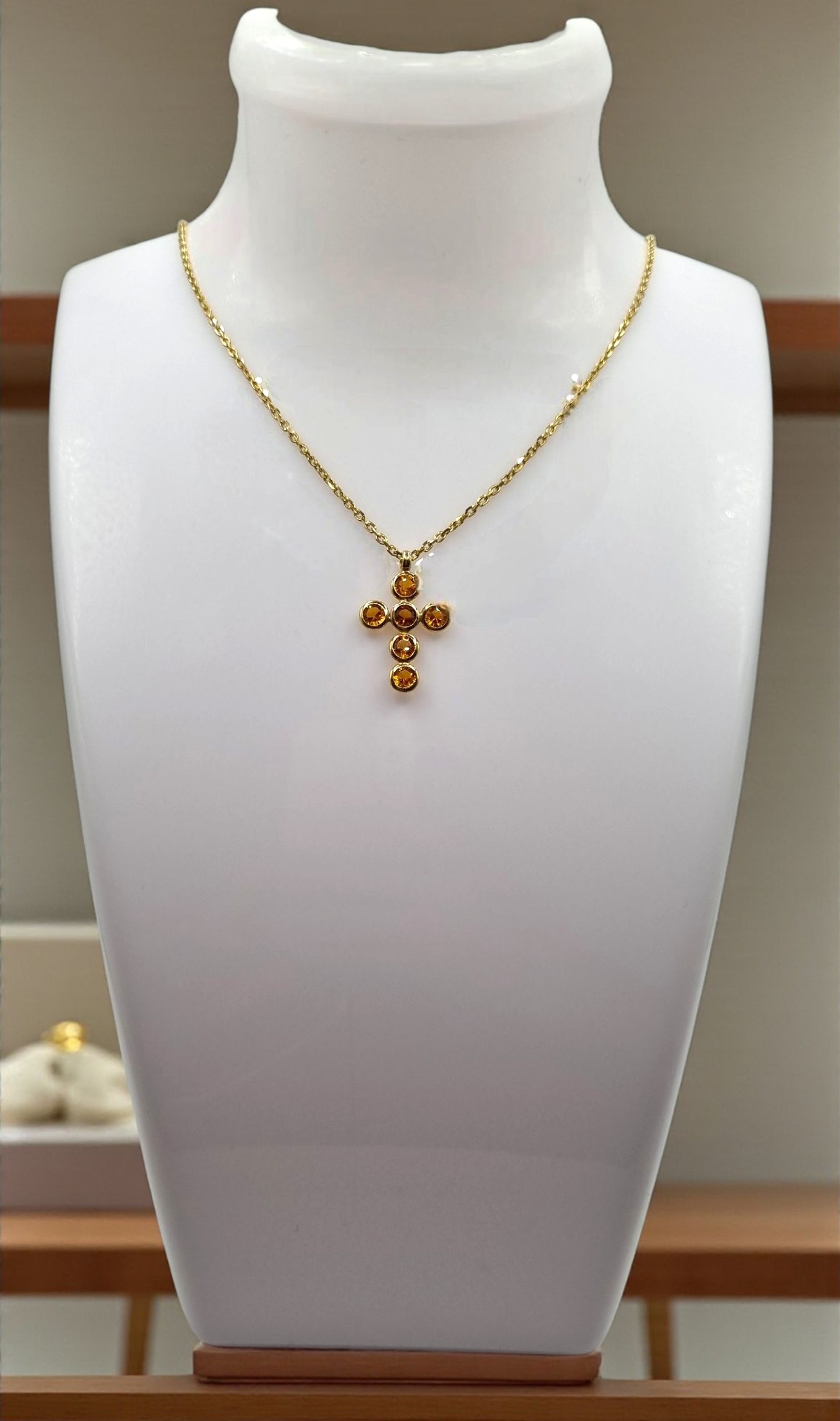 Kreuz runde Zirkonia orange in 925 Sterling Silber vergoldet mit Kette