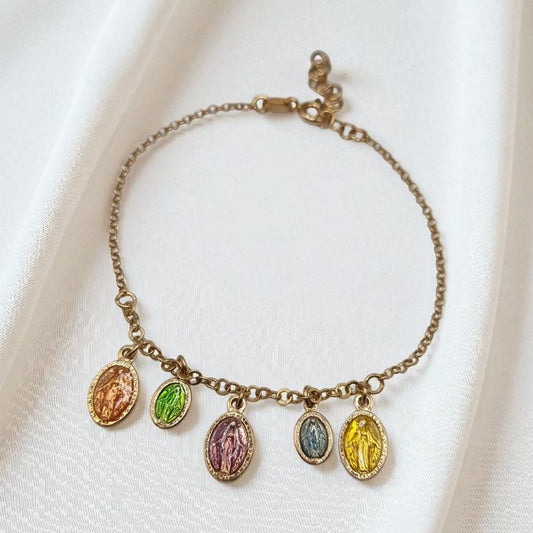Armband ovale Madonna/Maria Anhänger mit Emaille in 925 Sterling Silber vergoldet bunt