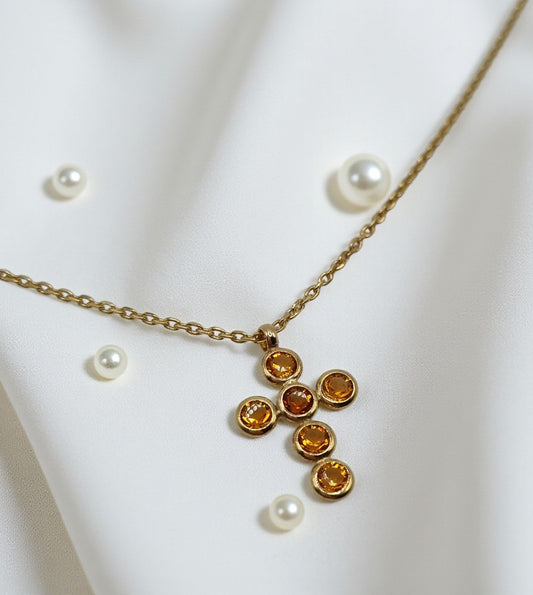 Kreuz runde Zirkonia orange in 925 Sterling Silber vergoldet mit Kette