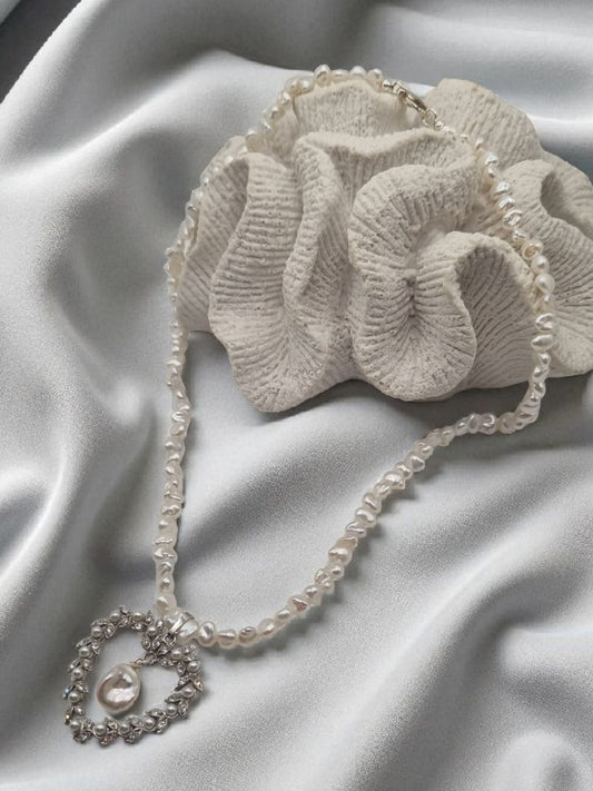 Beautiful heart with genuine freshwater pearls and Simili with pearl necklace Keshi in 925 Sterling Silver
