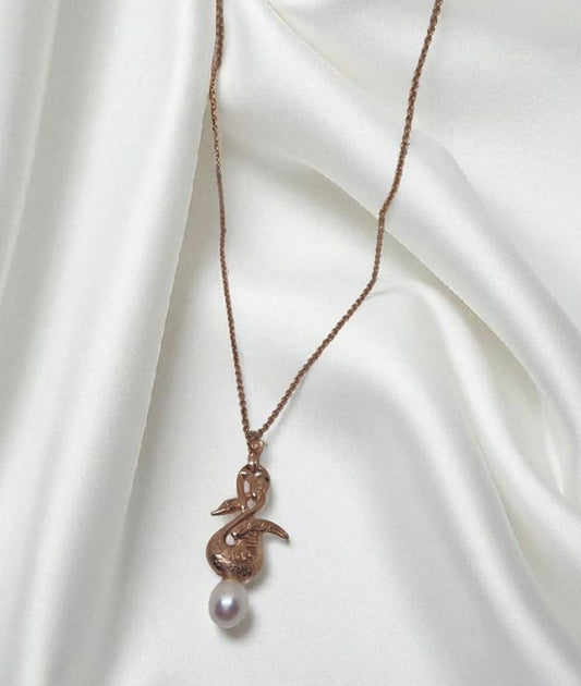 Art Nouveau style pendant swan bird with real freshwater pearl in 925 Sterling silver rose gold plated with chain