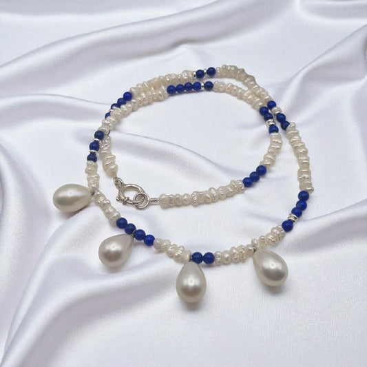 Halskette echte Süßwasserperlen Biwa und Tropfen und echter Lapis Lazuli in 925 Sterling Silber