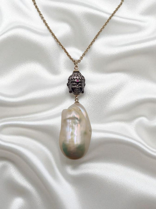 Barock Süßwasserperle Buddha Anhänger mit langer Kette in 925 Sterling Silber