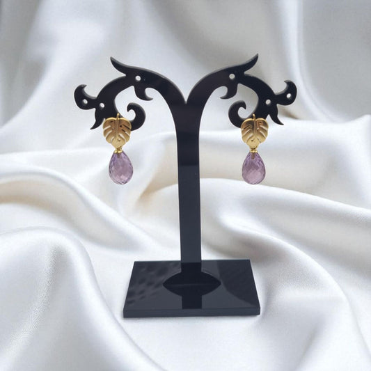 Ohrringe Ohrstecker Monstera Blatt vergoldet und 925 Sterling Silber mit echten Amethyst Tropfen Pampeln Briolet facettiert
