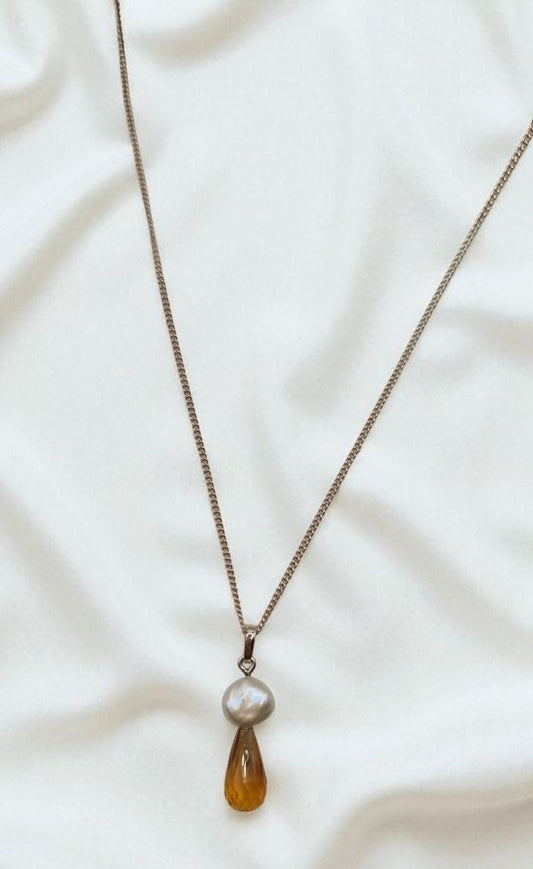 Citrin Briolett Anhänger hydrothermal mit echter Keshi Süßwasserperlen in 925 Sterling Silber mit Kette