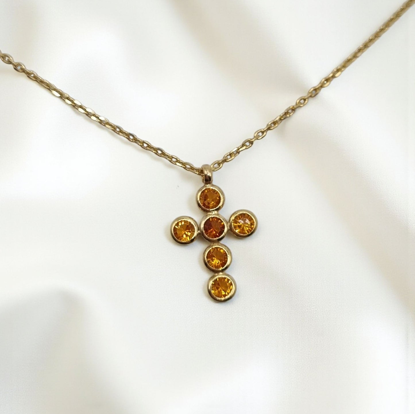 Kreuz runde Zirkonia orange in 925 Sterling Silber vergoldet mit Kette