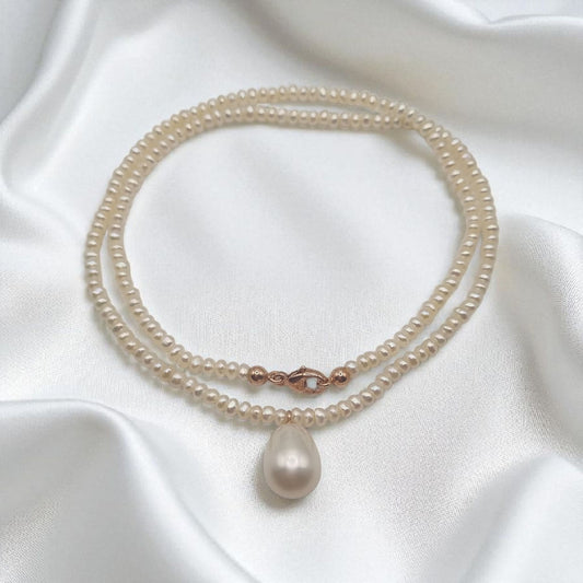 Necklace with genuine freshwater pearls and drops in 925 Sterling silver rose gold plated
