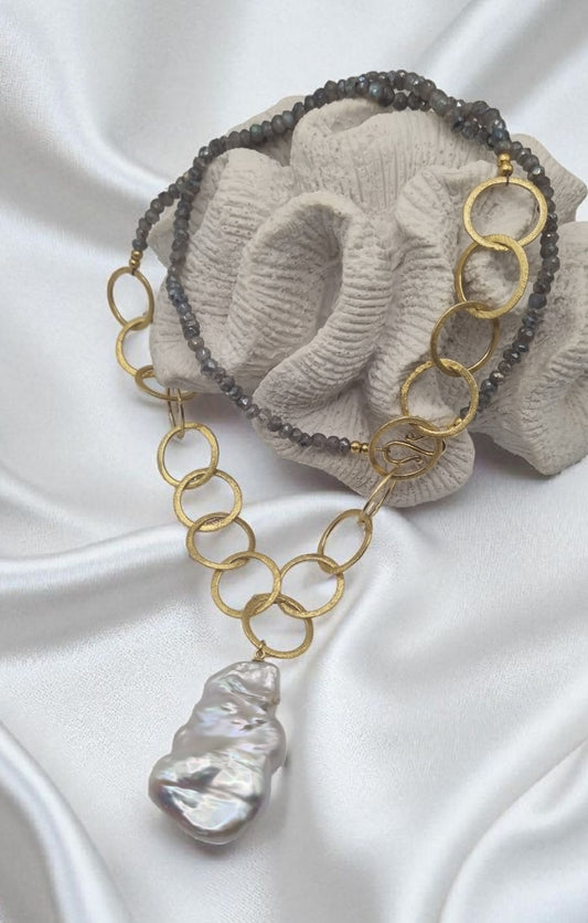 Labradorit Halskette lange Kette mit 925 Sterling Silber vergoldeten Kreisen