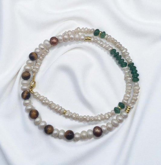 Necklace genuine freshwater pearls, real emerald and tiger eye 925 Sterling silver gold-plated