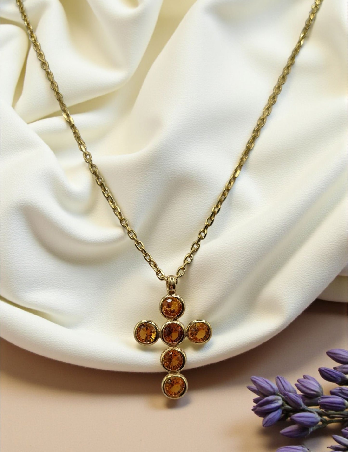 Kreuz runde Zirkonia orange in 925 Sterling Silber vergoldet mit Kette