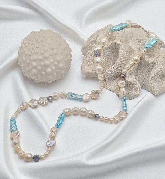 Necklace made of real freshwater pearls white grey blue multicolored 65cm deformed misshapen 925 Sterling Silver