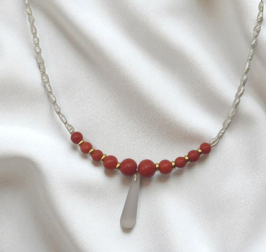 Necklace with genuine coral, rock crystal and freshwater pearls, 925 sterling silver, gold-plated