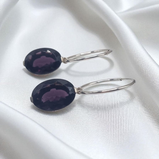 Creolen mit echtem Amethyst oval lila in 925 Sterling Silber