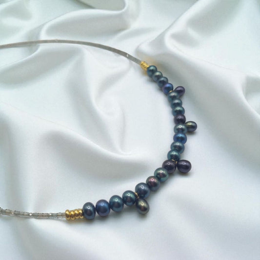 Necklace with genuine freshwater pearls and agate rondelles blue 925 Sterling silver gold-plated