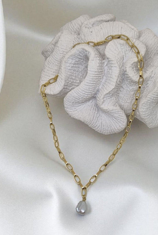 Choker short chain square oval in 925 Sterling silver gold-plated with real freshwater pearl