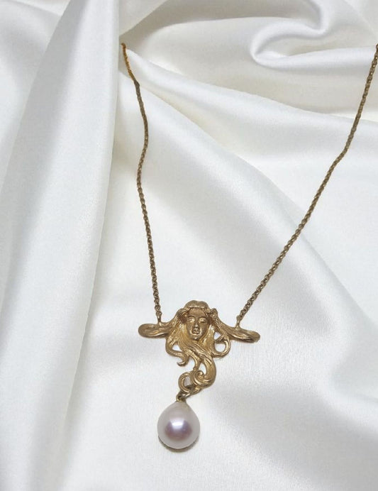 Art Nouveau style woman's head necklace in 925 sterling silver gold-plated with real freshwater pearl